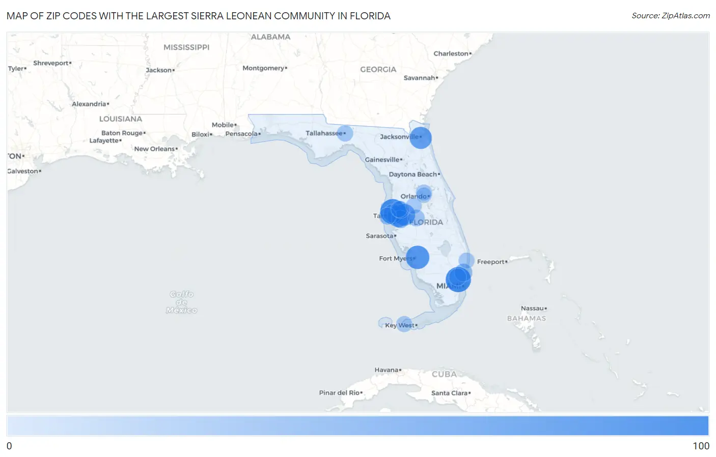 Zip Codes with the Largest Sierra Leonean Community in Florida Map