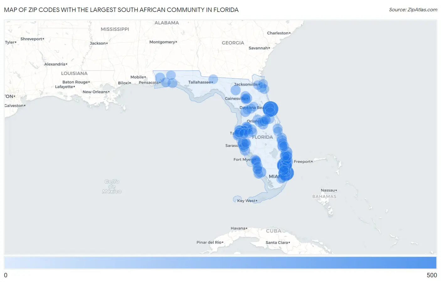 Zip Codes with the Largest South African Community in Florida Map