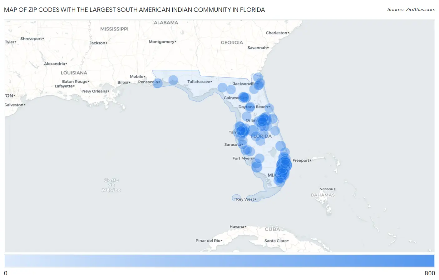 Zip Codes with the Largest South American Indian Community in Florida Map