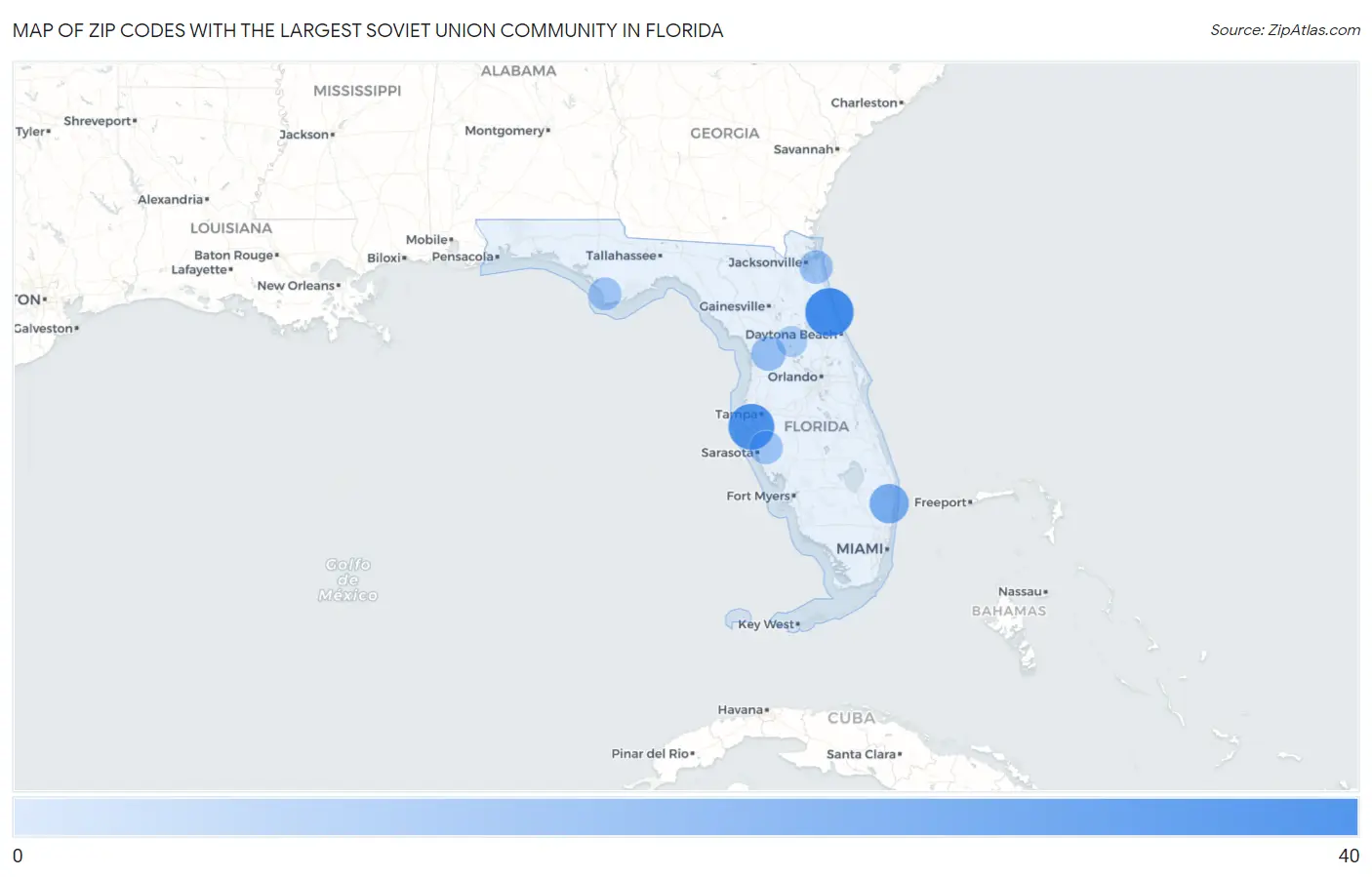 Zip Codes with the Largest Soviet Union Community in Florida Map