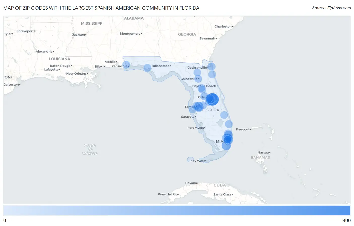 Zip Codes with the Largest Spanish American Community in Florida Map