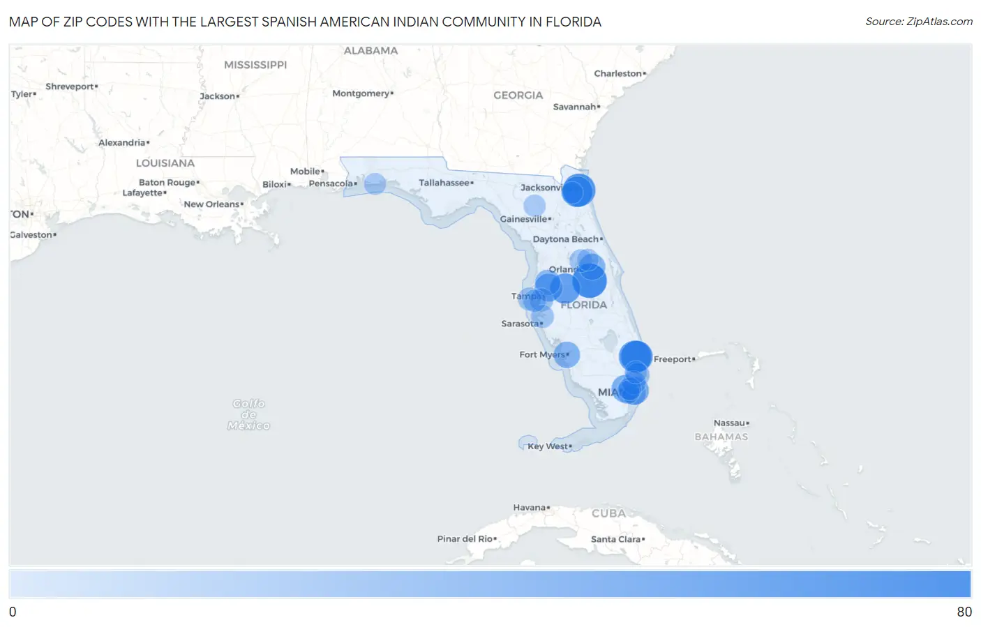 Zip Codes with the Largest Spanish American Indian Community in Florida Map