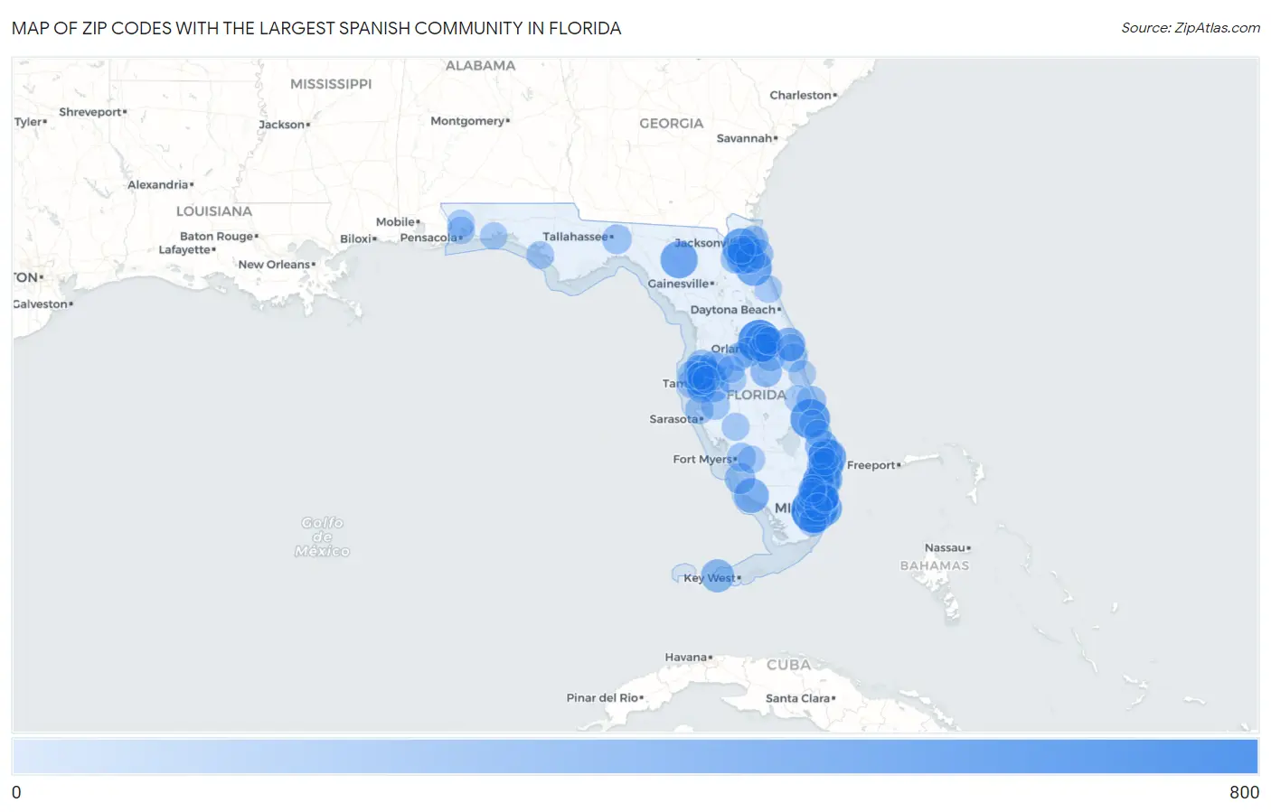 Zip Codes with the Largest Spanish Community in Florida Map