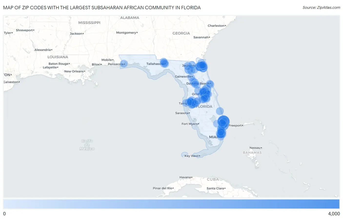Zip Codes with the Largest Subsaharan African Community in Florida Map