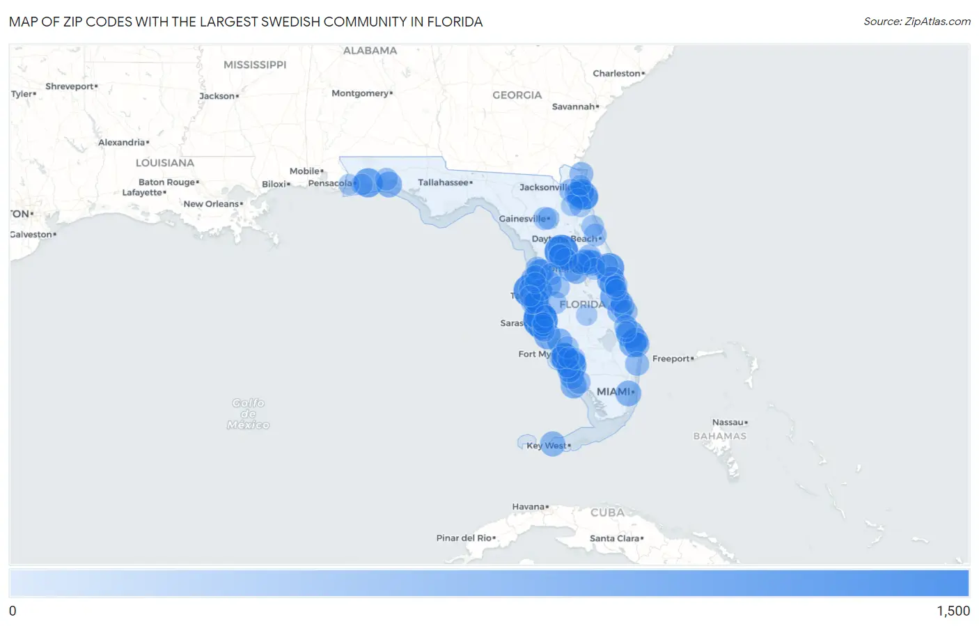 Zip Codes with the Largest Swedish Community in Florida Map