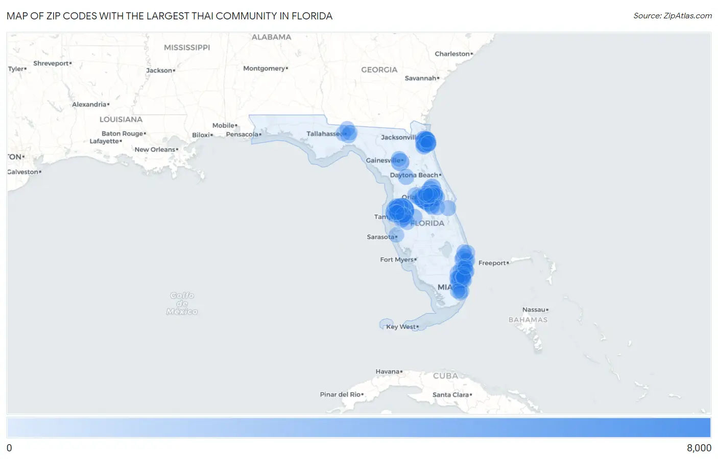 Zip Codes with the Largest Thai Community in Florida Map