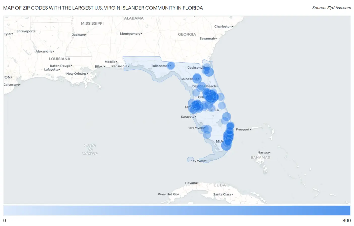 Zip Codes with the Largest U.S. Virgin Islander Community in Florida Map