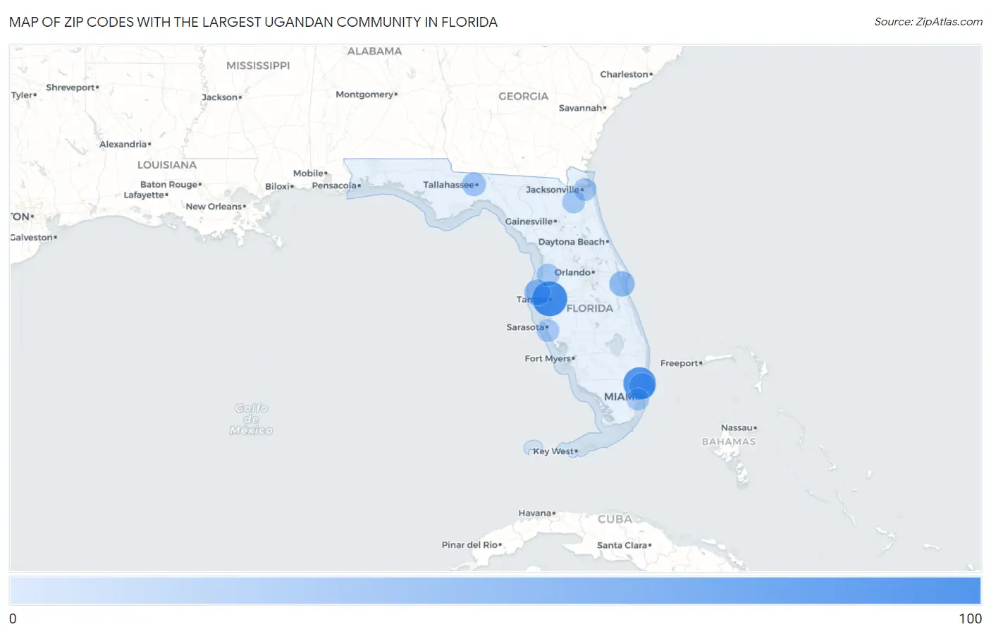 Zip Codes with the Largest Ugandan Community in Florida Map