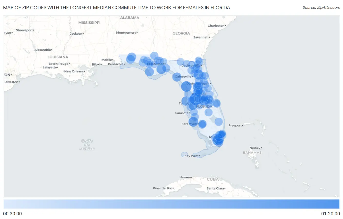Zip Codes with the Longest Median Commute Time to Work for Females in Florida Map
