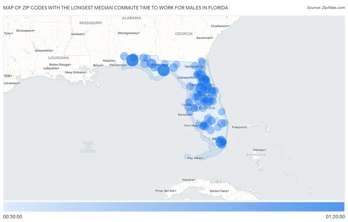 Zip Codes with the Longest Median Commute Time to Work for Males in Florida Map