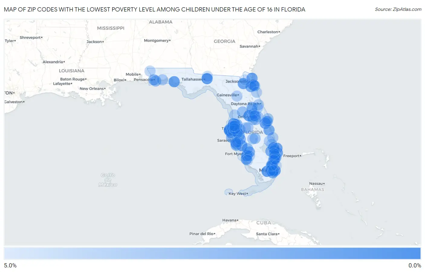 Zip Codes with the Lowest Poverty Level Among Children Under the Age of 16 in Florida Map