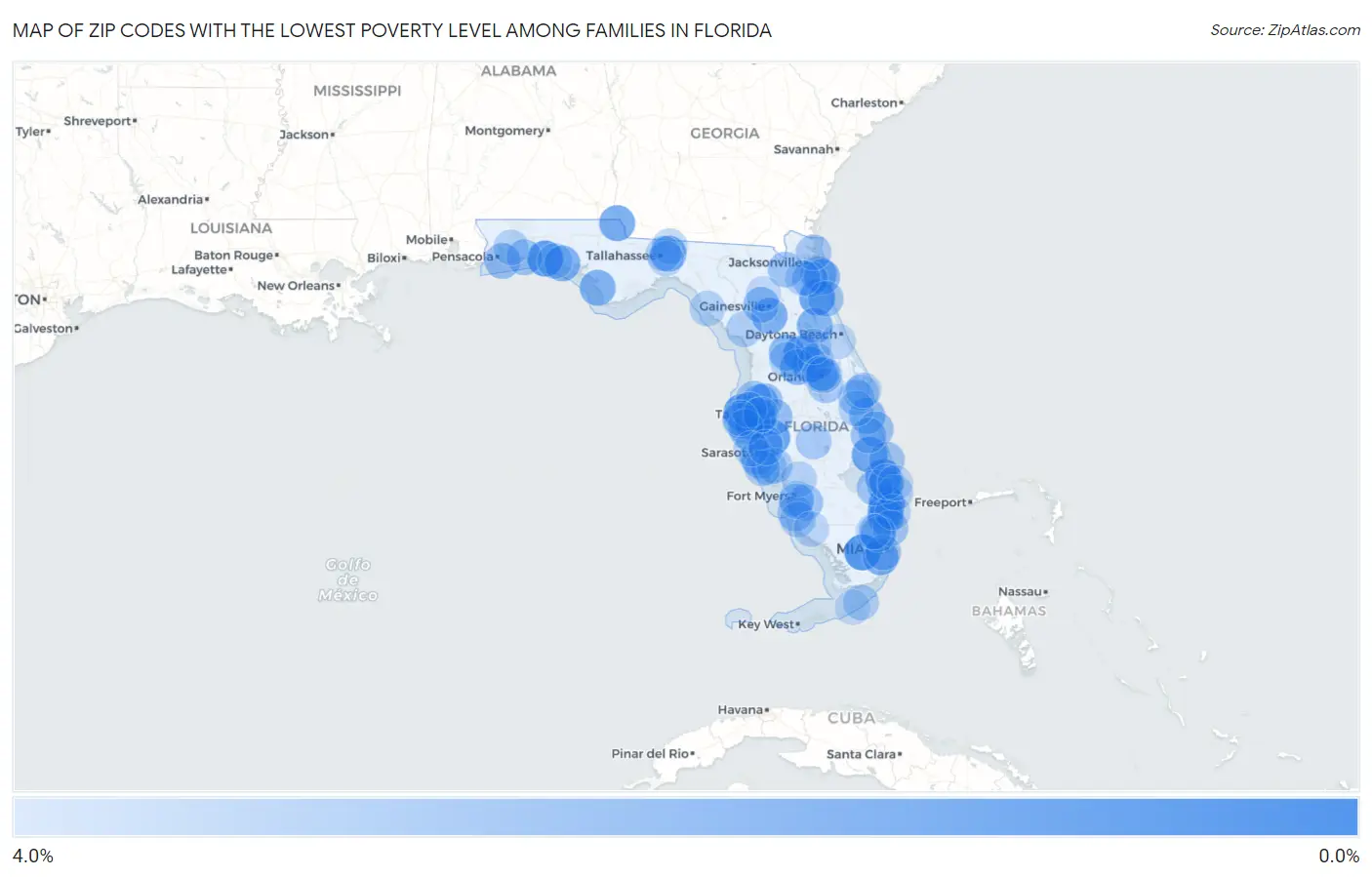 Zip Codes with the Lowest Poverty Level Among Families in Florida Map