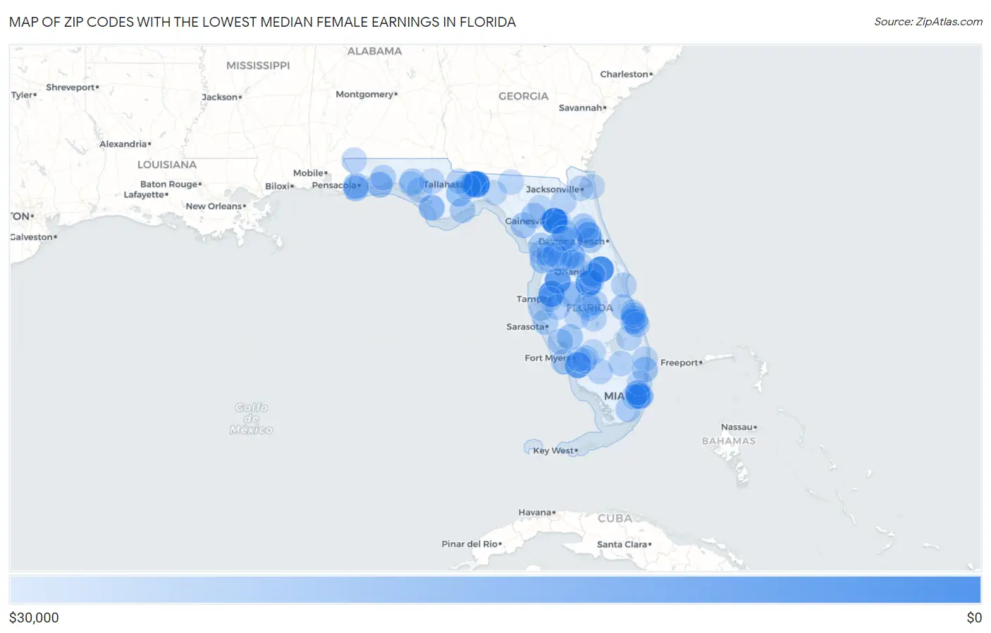 Zip Codes with the Lowest Median Female Earnings in Florida Map