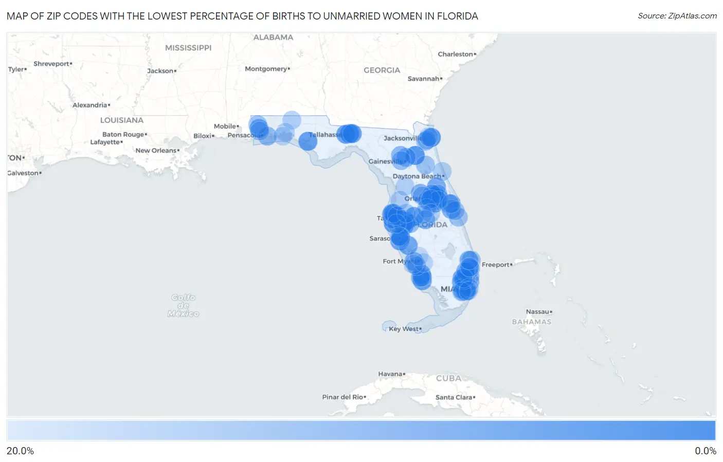 Zip Codes with the Lowest Percentage of Births to Unmarried Women in Florida Map