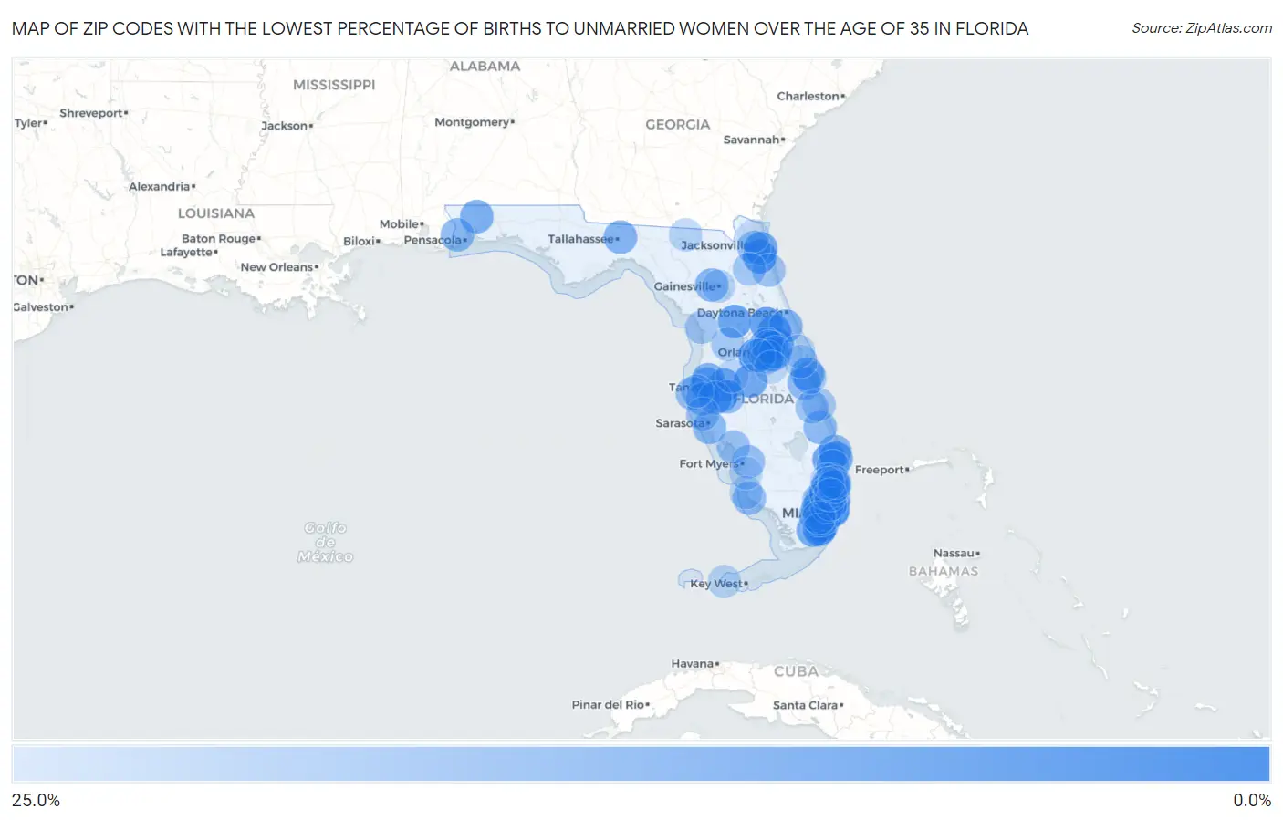 Zip Codes with the Lowest Percentage of Births to Unmarried Women over the Age of 35 in Florida Map