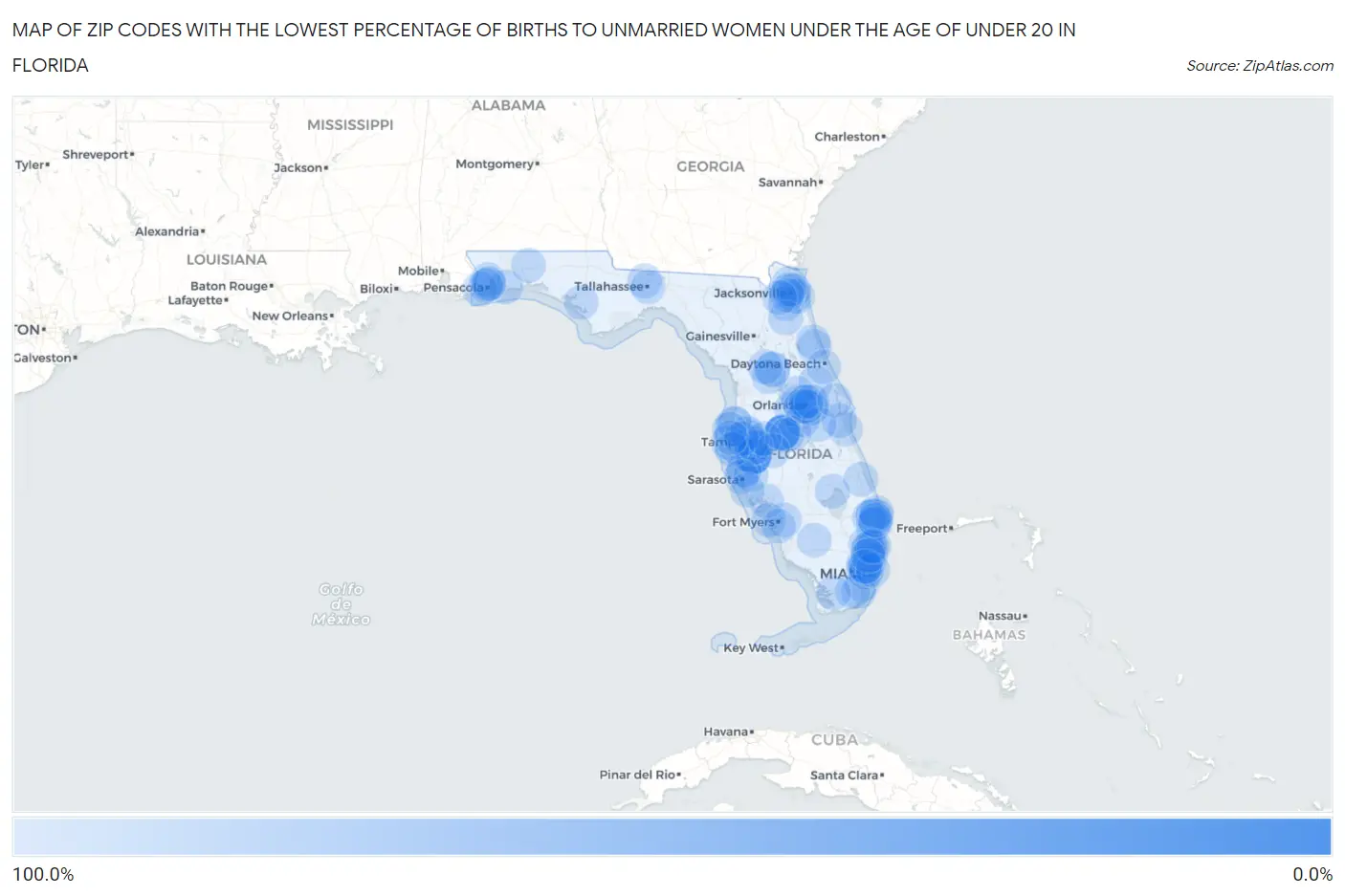 Zip Codes with the Lowest Percentage of Births to Unmarried Women under the Age of under 20 in Florida Map