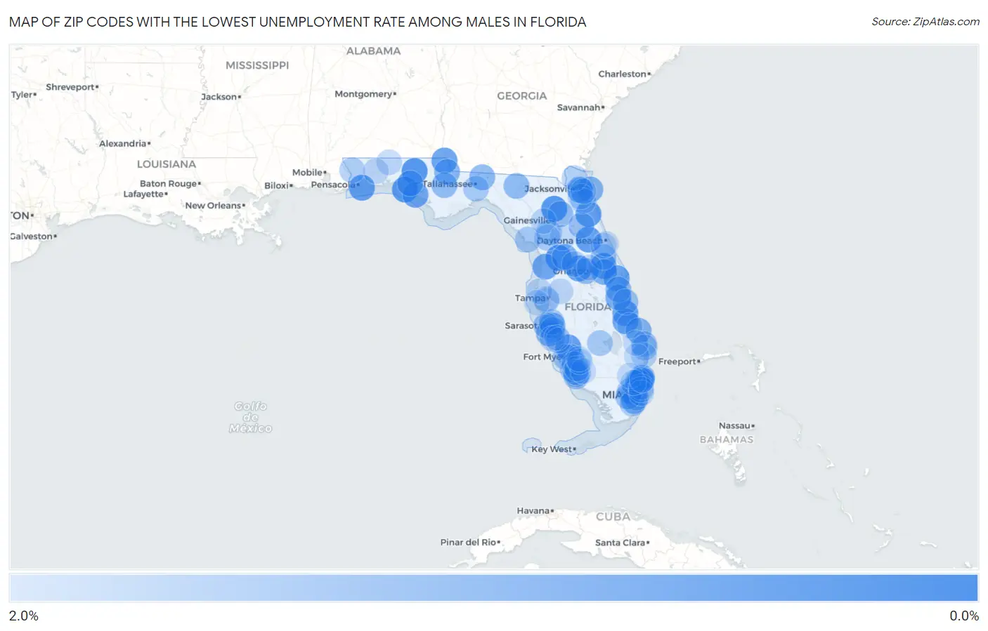 Zip Codes with the Lowest Unemployment Rate Among Males in Florida Map