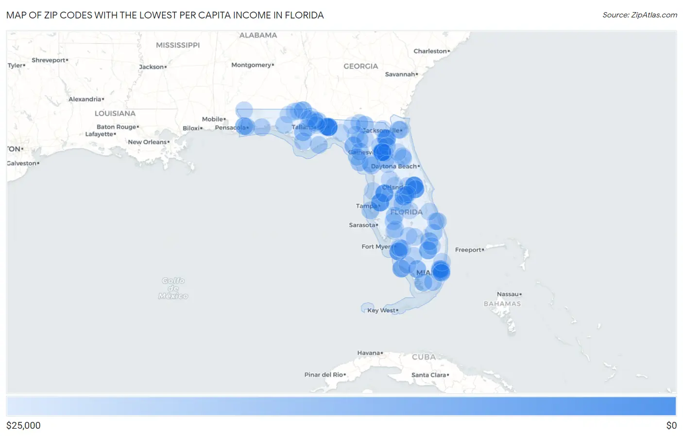 Zip Codes with the Lowest Per Capita Income in Florida Map