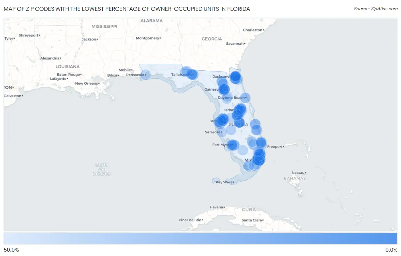Zip Codes with the Lowest Percentage of Owner-Occupied Units in Florida Map