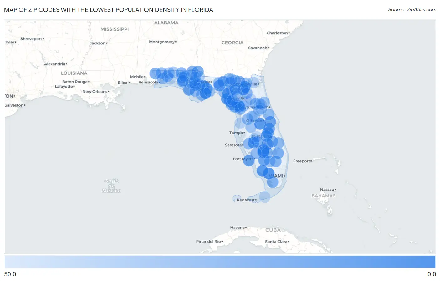 Zip Codes with the Lowest Population Density in Florida Map