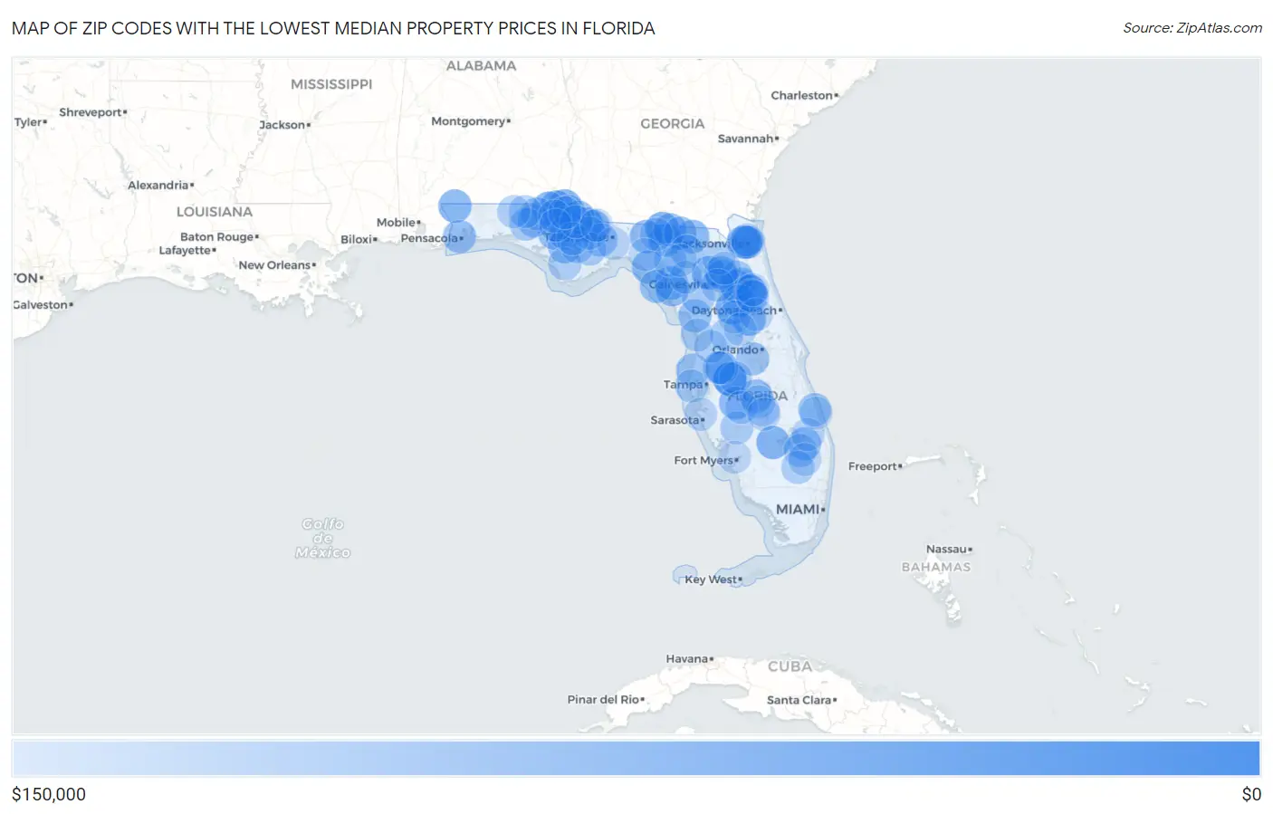 Zip Codes with the Lowest Median Property Prices in Florida Map