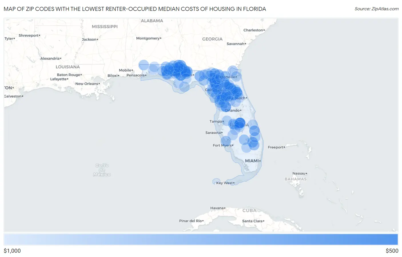 Zip Codes with the Lowest Renter-Occupied Median Costs of Housing in Florida Map