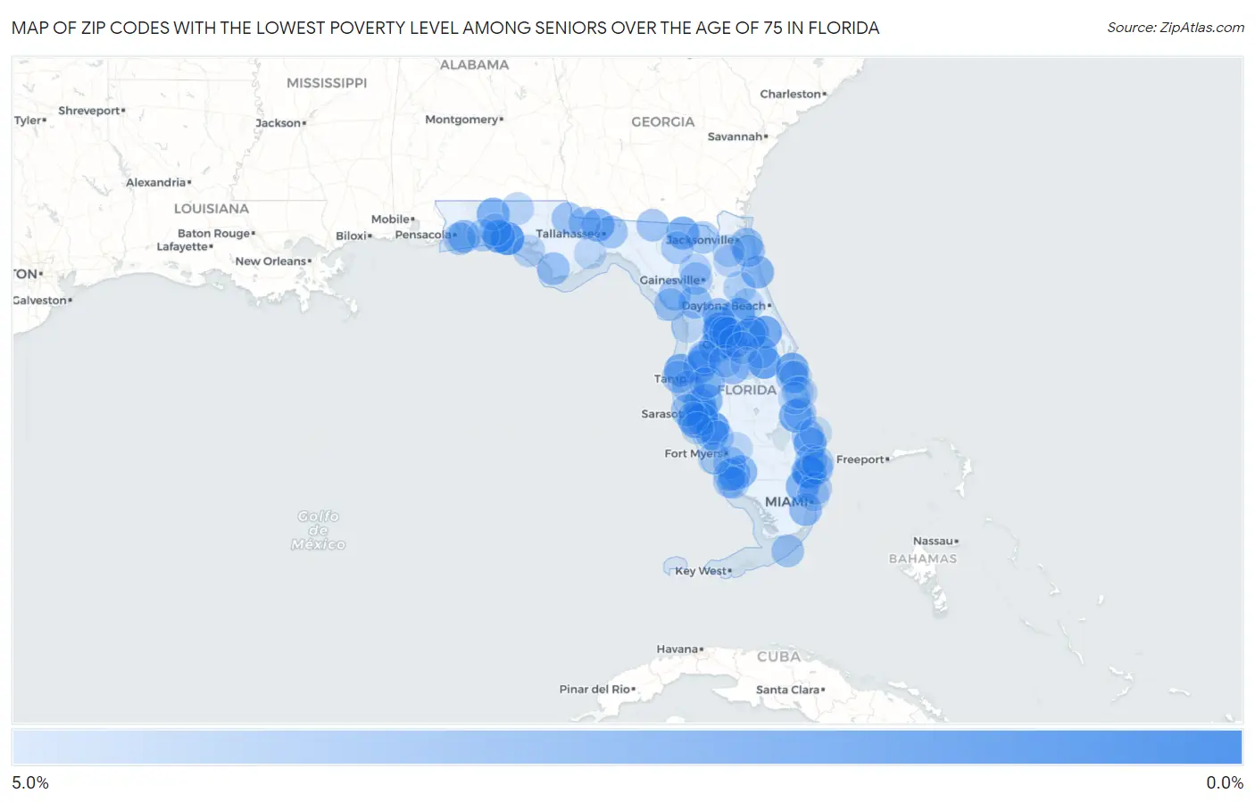 Zip Codes with the Lowest Poverty Level Among Seniors Over the Age of 75 in Florida Map