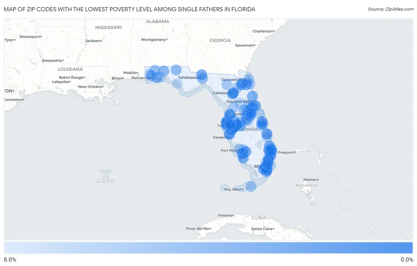 Zip Codes with the Lowest Poverty Level Among Single Fathers in Florida Map