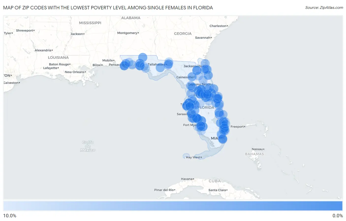 Zip Codes with the Lowest Poverty Level Among Single Females in Florida Map