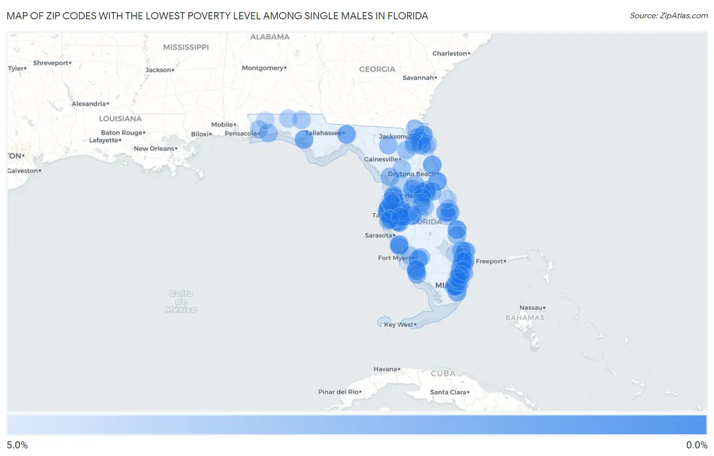 Zip Codes with the Lowest Poverty Level Among Single Males in Florida Map