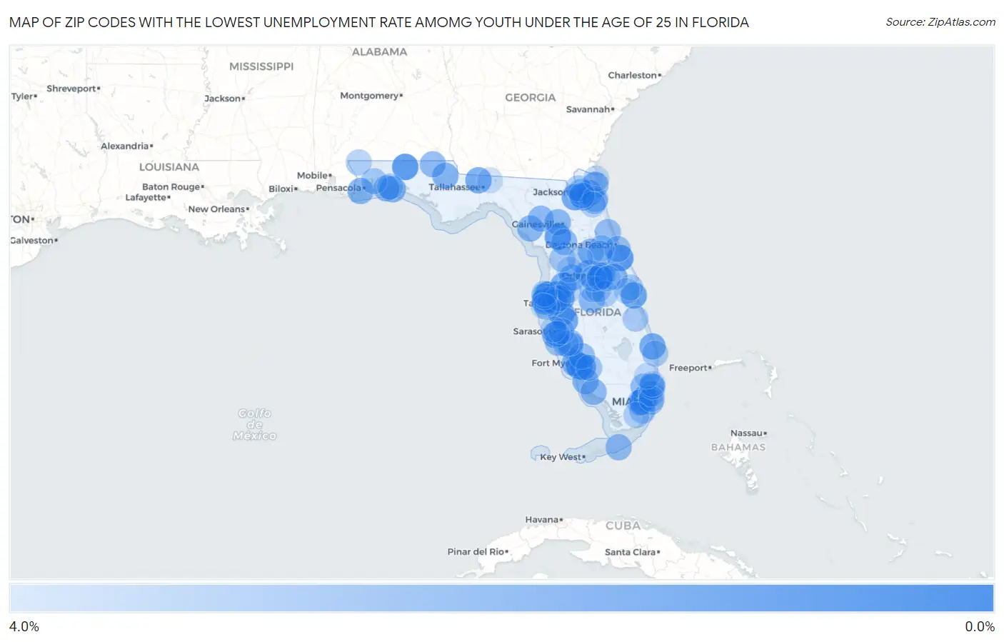 Zip Codes with the Lowest Unemployment Rate Amomg Youth Under the Age of 25 in Florida Map