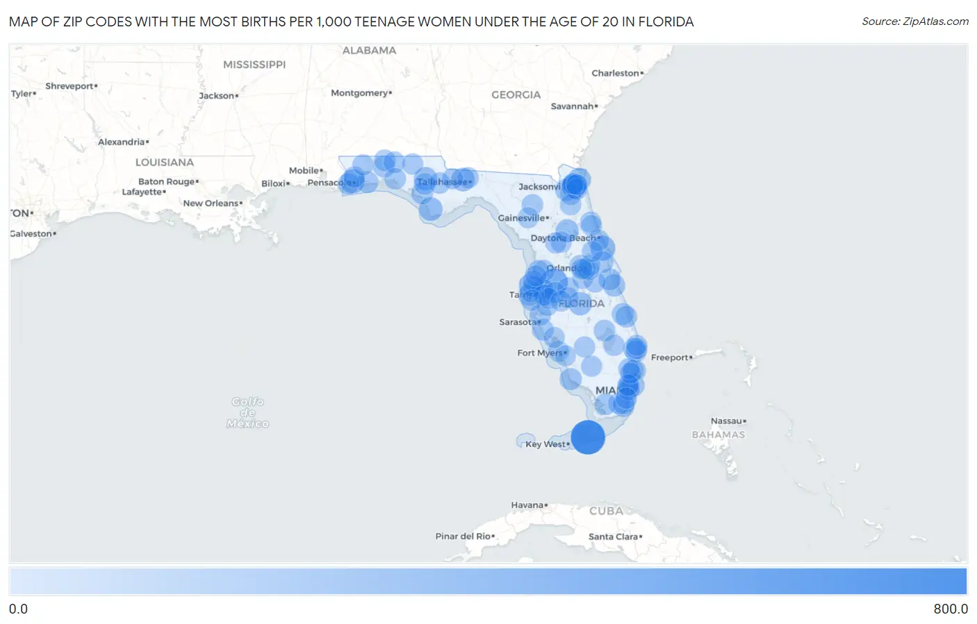 Zip Codes with the Most Births per 1,000 Teenage Women Under the Age of 20 in Florida Map