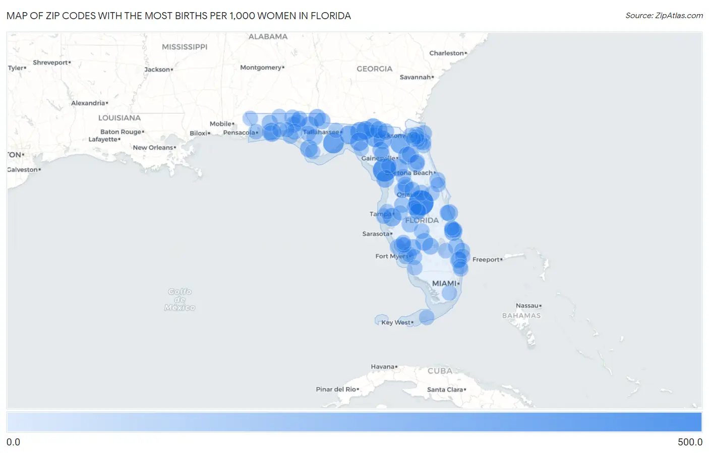 Zip Codes with the Most Births per 1,000 Women in Florida Map