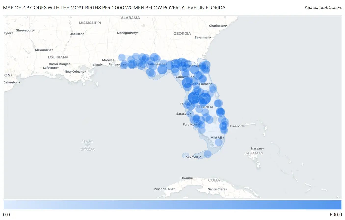 Zip Codes with the Most Births per 1,000 Women Below Poverty Level in Florida Map