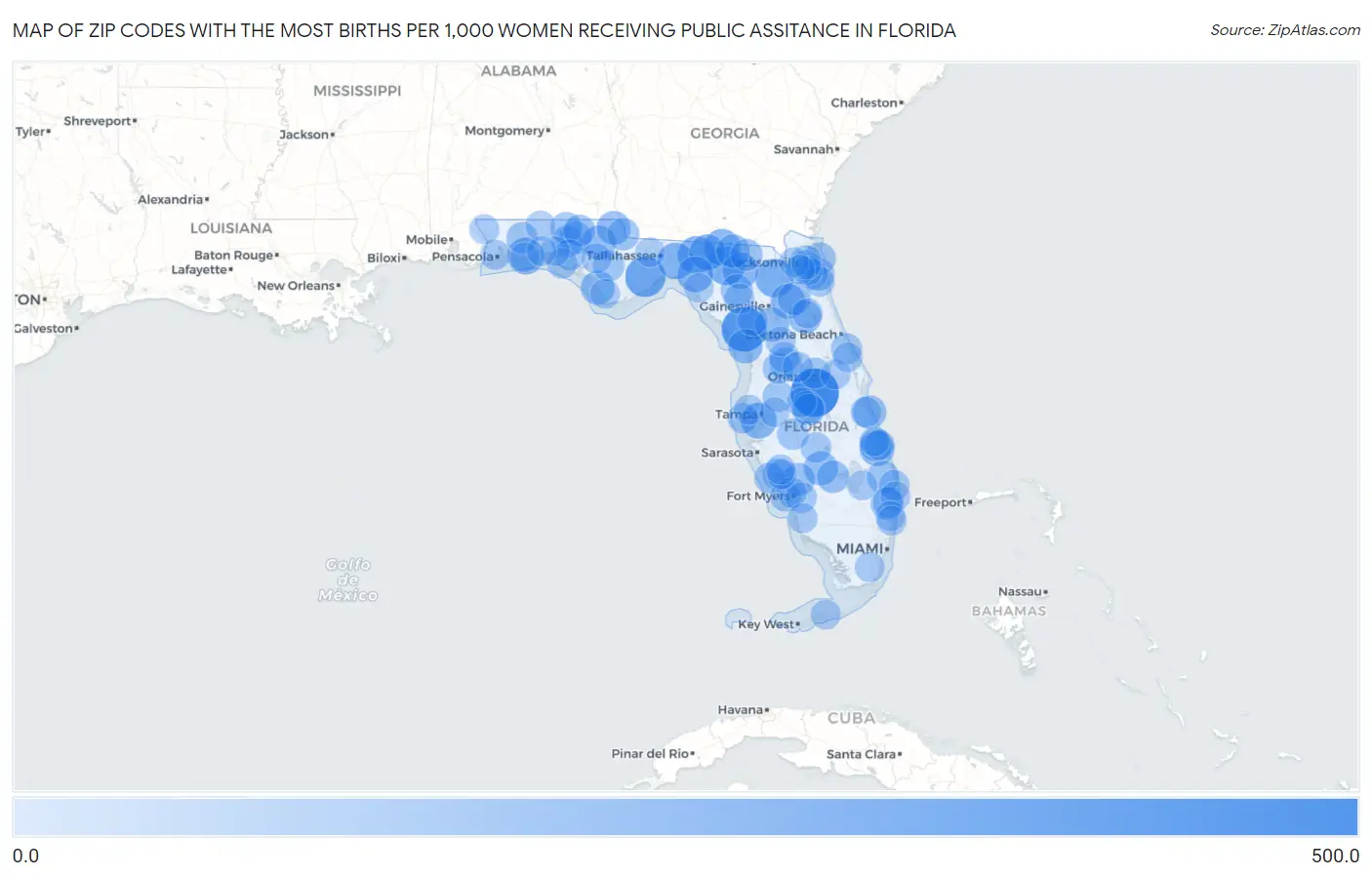 Zip Codes with the Most Births per 1,000 Women Receiving Public Assitance in Florida Map