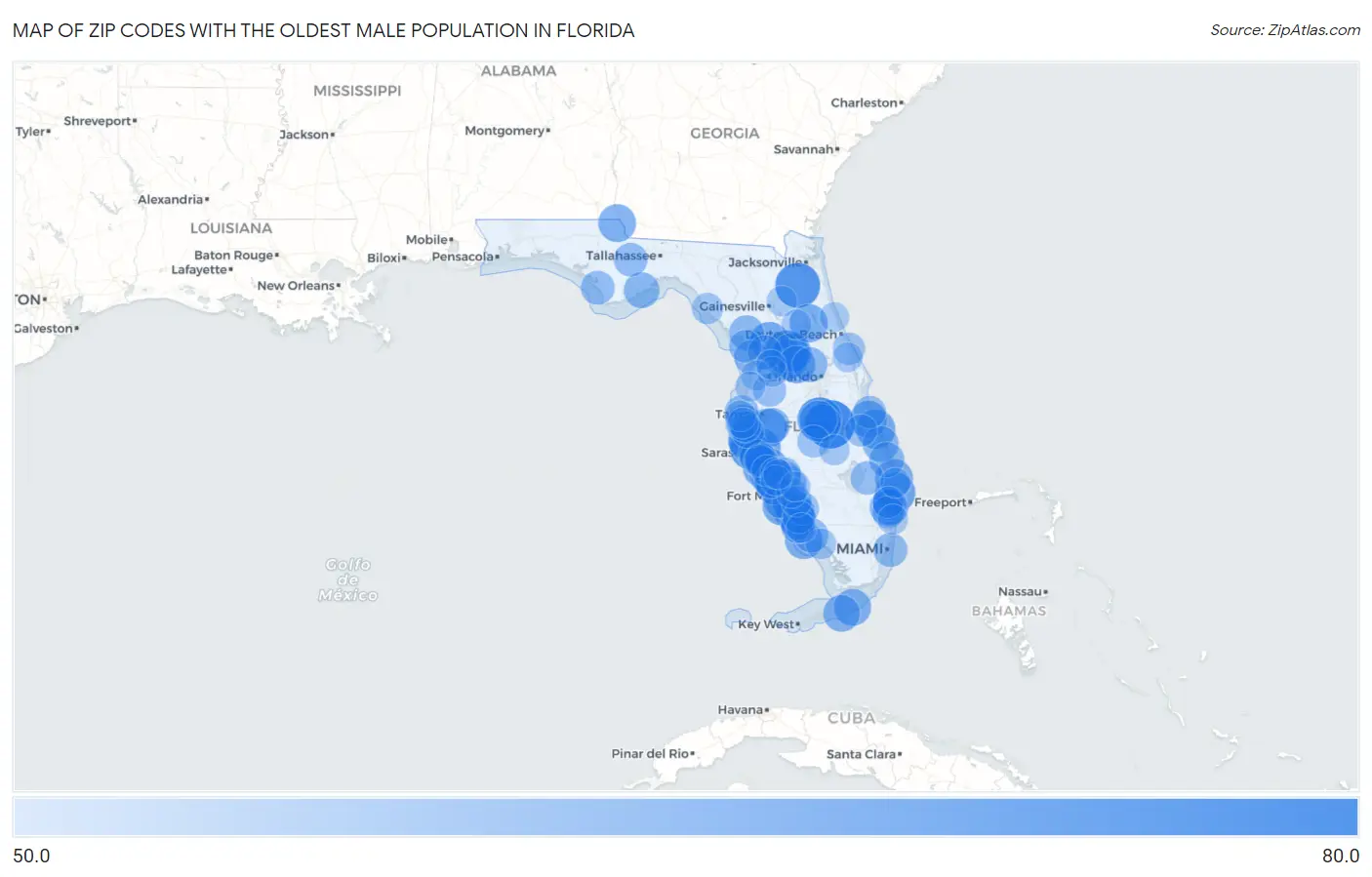 Zip Codes with the Oldest Male Population in Florida Map