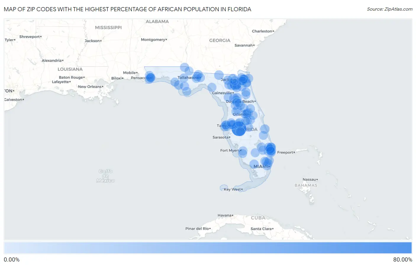 Zip Codes with the Highest Percentage of African Population in Florida Map