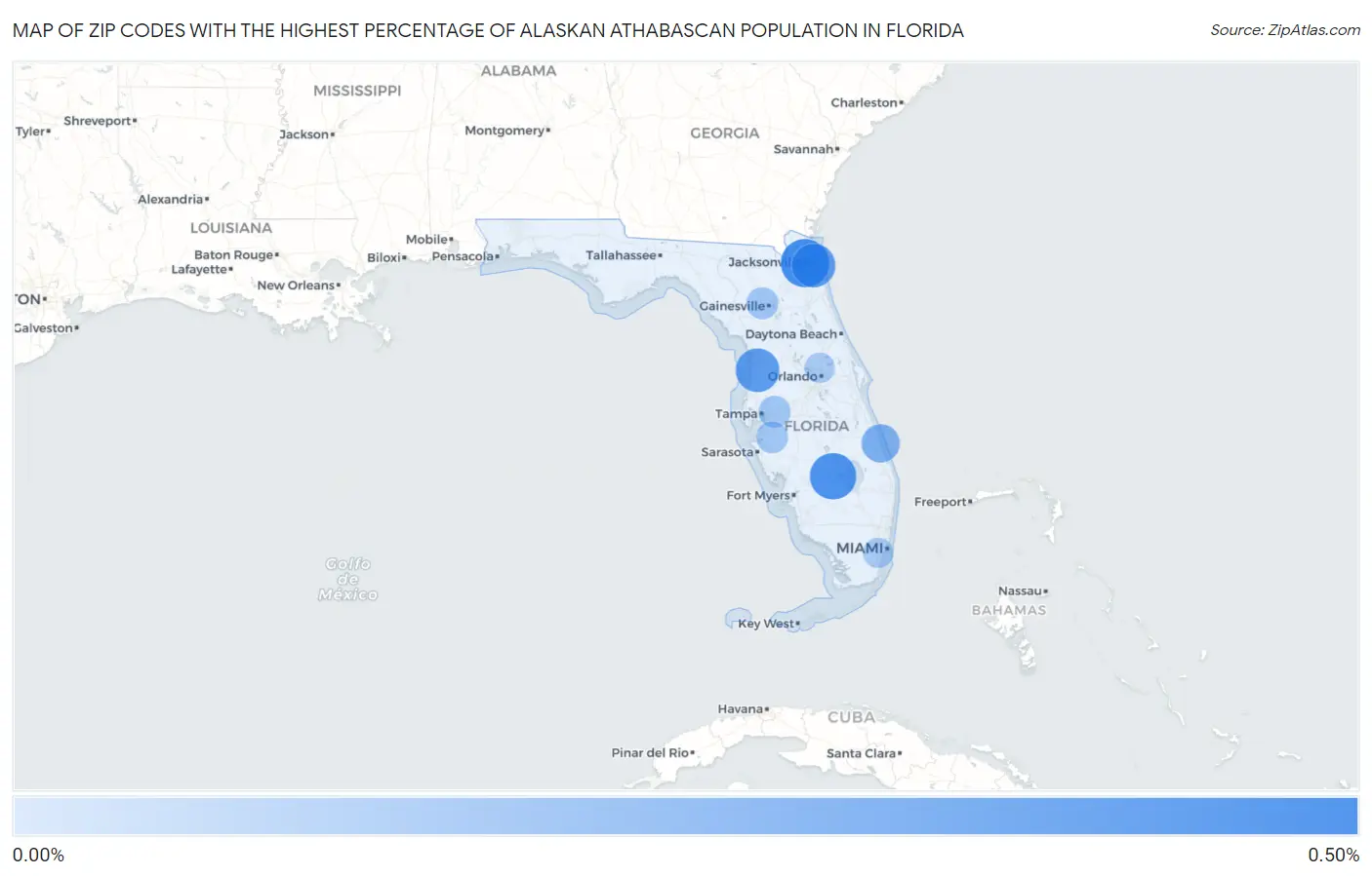 Zip Codes with the Highest Percentage of Alaskan Athabascan Population in Florida Map