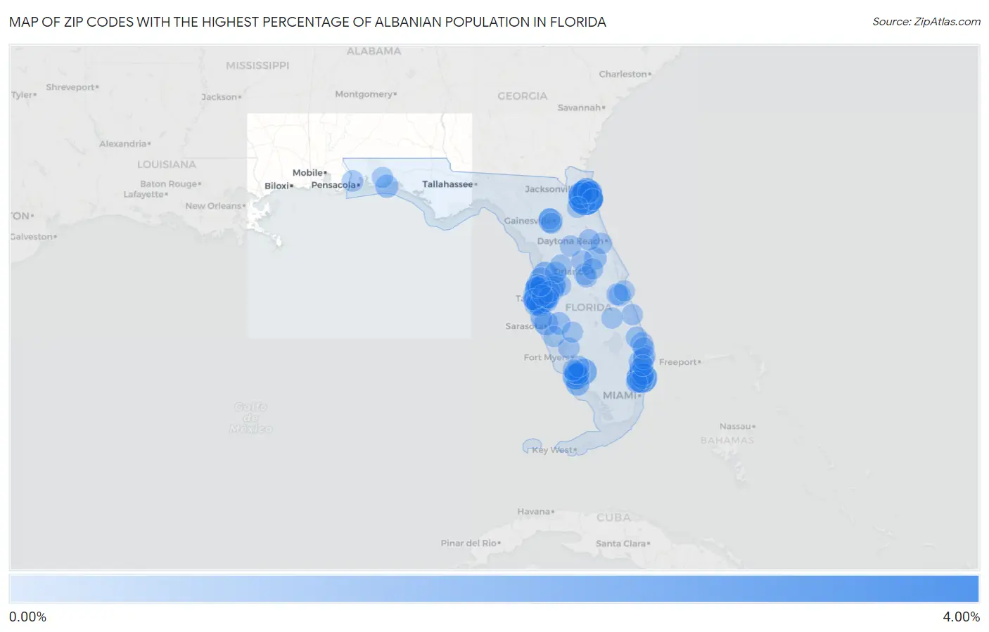 Zip Codes with the Highest Percentage of Albanian Population in Florida Map
