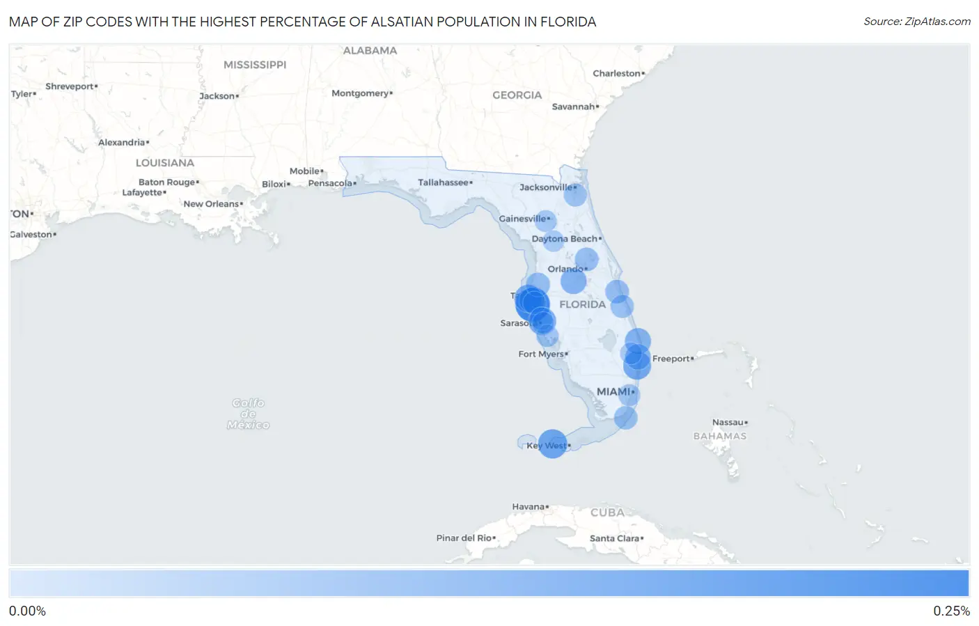 Zip Codes with the Highest Percentage of Alsatian Population in Florida Map