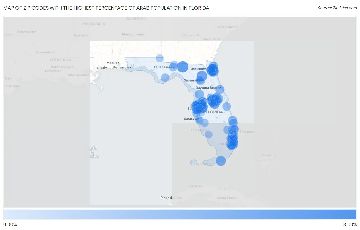 Zip Codes with the Highest Percentage of Arab Population in Florida Map