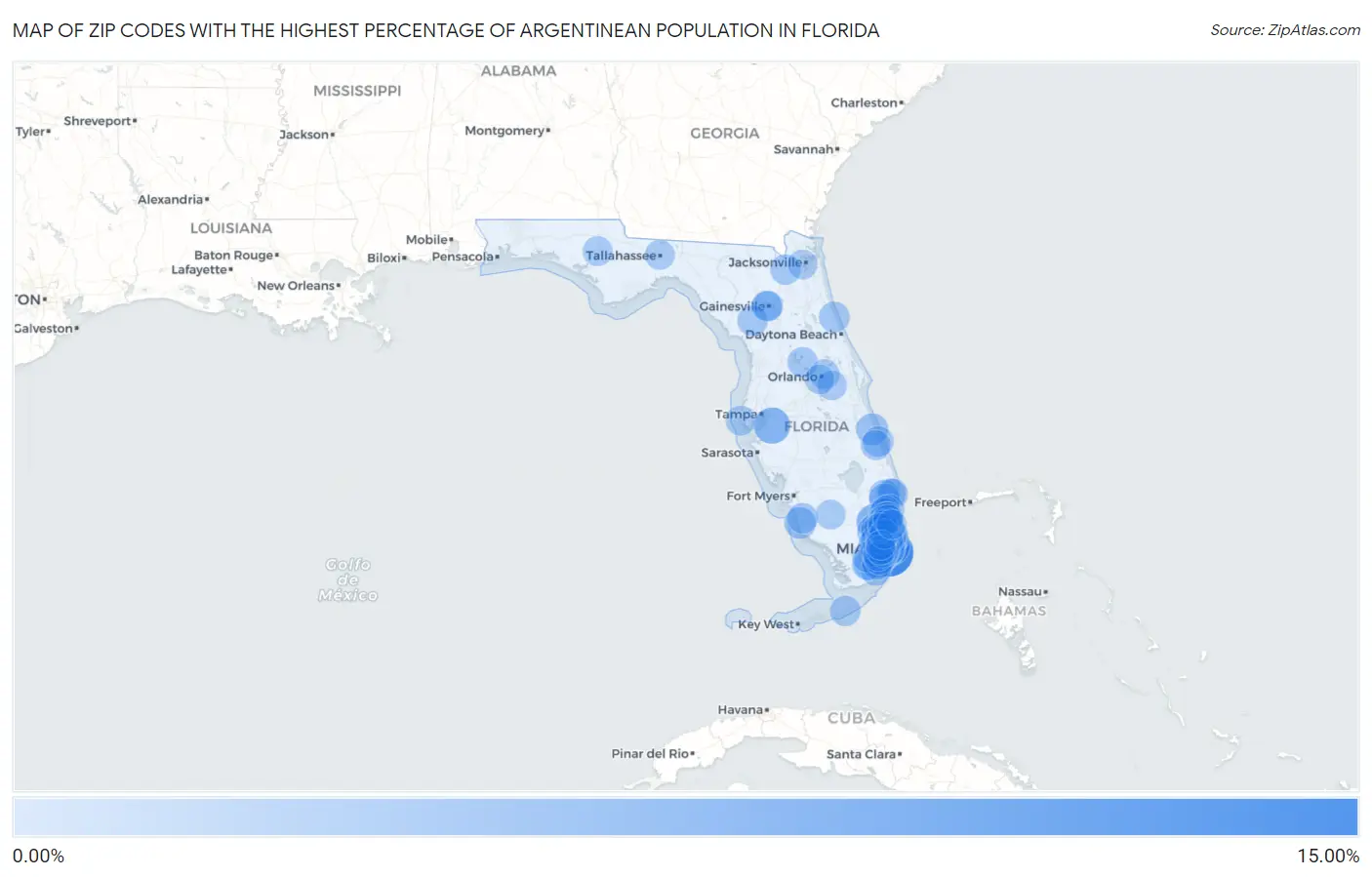 Zip Codes with the Highest Percentage of Argentinean Population in Florida Map