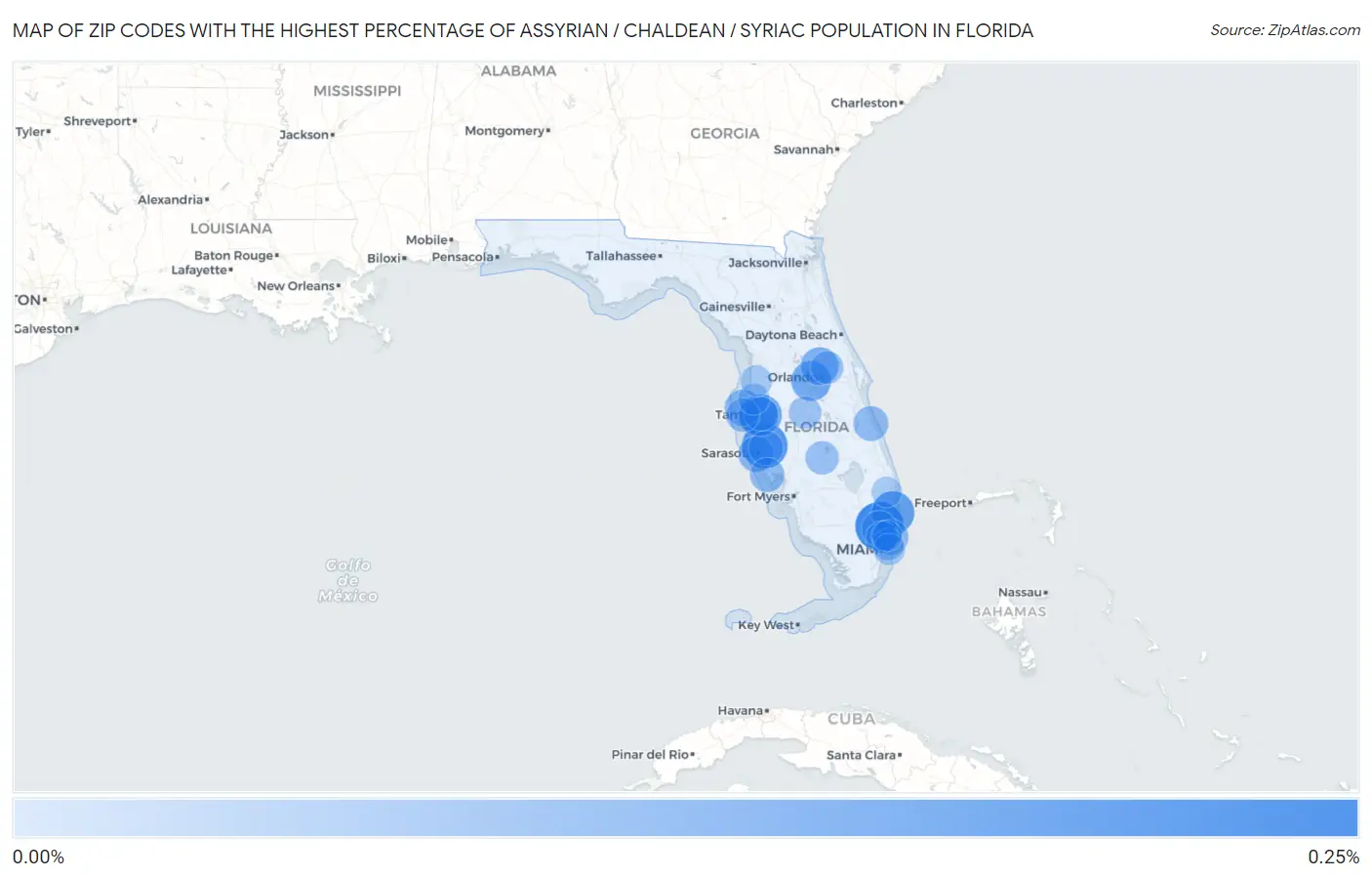 Zip Codes with the Highest Percentage of Assyrian / Chaldean / Syriac Population in Florida Map