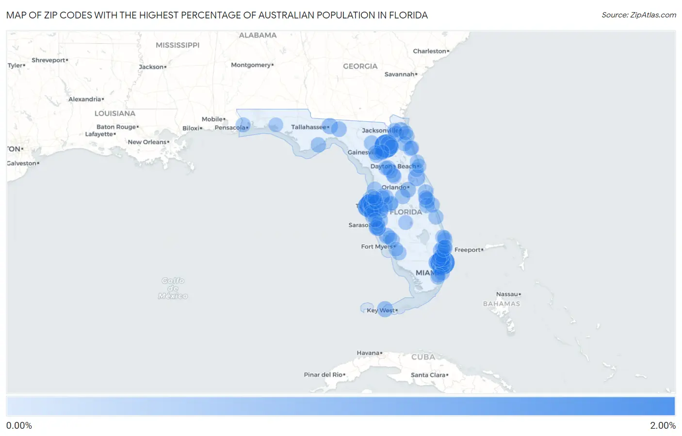 Zip Codes with the Highest Percentage of Australian Population in Florida Map