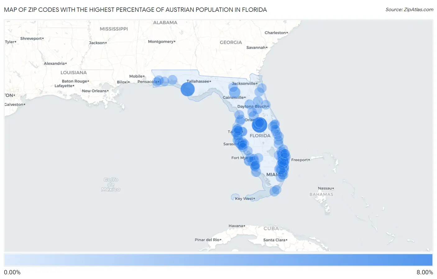 Zip Codes with the Highest Percentage of Austrian Population in Florida Map