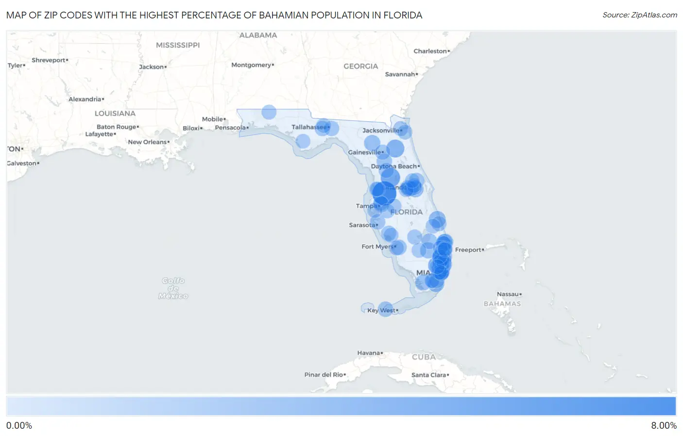 Zip Codes with the Highest Percentage of Bahamian Population in Florida Map