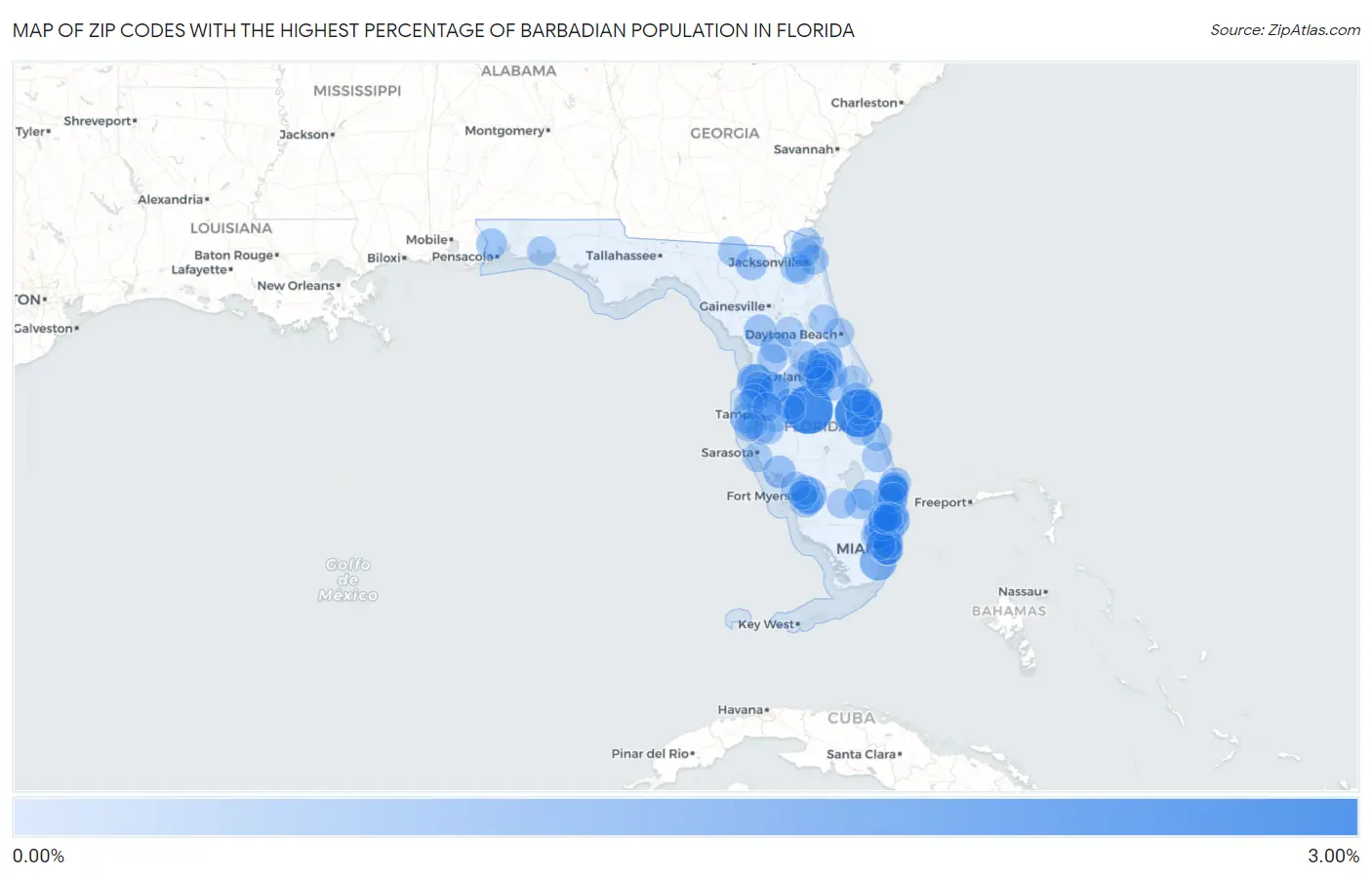 Zip Codes with the Highest Percentage of Barbadian Population in Florida Map
