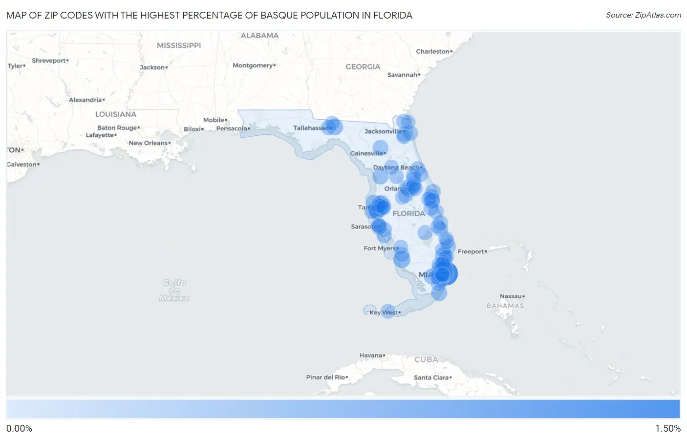 Zip Codes with the Highest Percentage of Basque Population in Florida Map