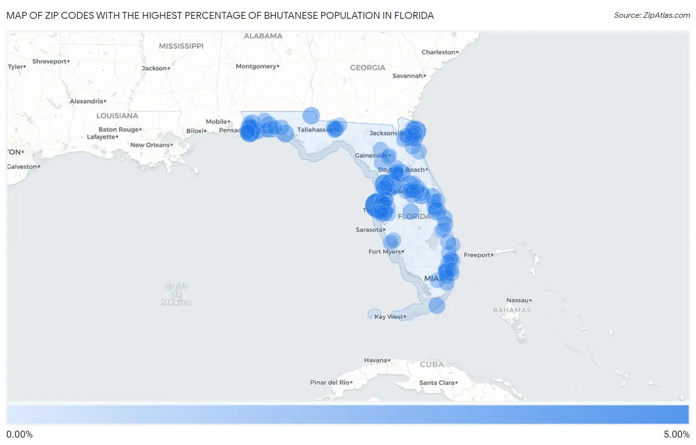 Zip Codes with the Highest Percentage of Bhutanese Population in Florida Map