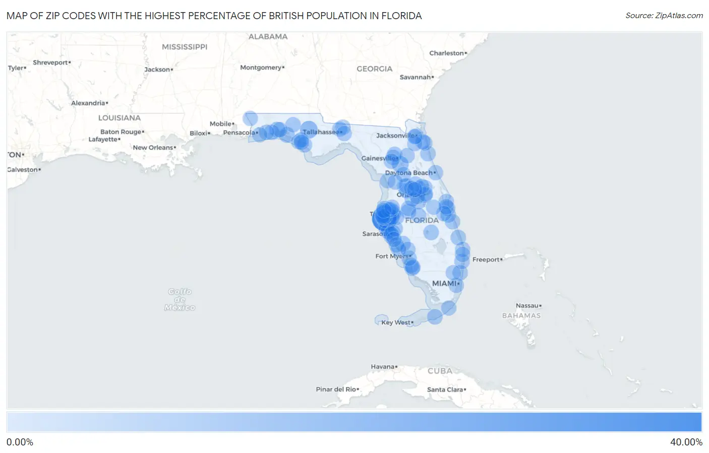 Zip Codes with the Highest Percentage of British Population in Florida Map